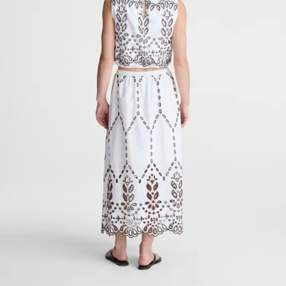 NWT Madewell Embroidered 100% Cotton Poplin Midi Skirt White Brown Size Large - Picture 2 of 11